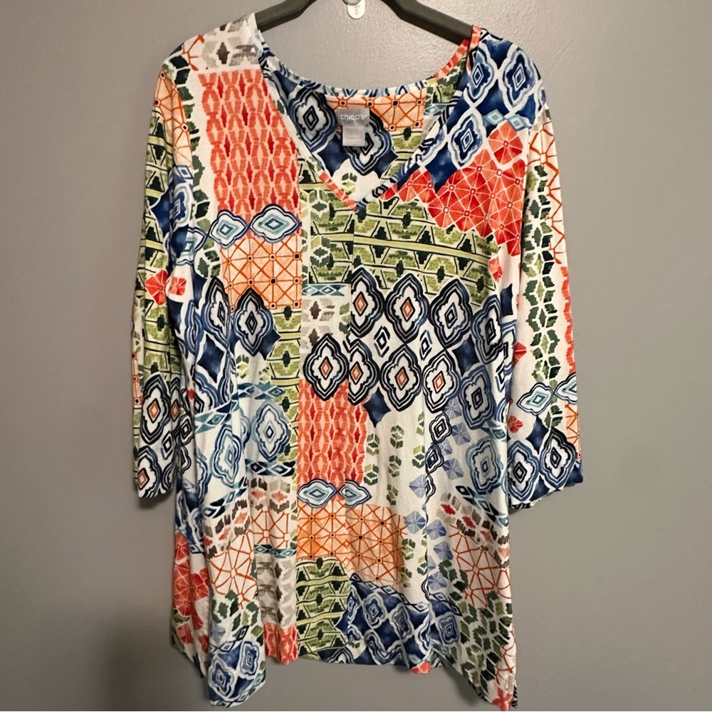 Chicos Patchwork Print V Neck Top Women Size 2 (L) Long Sleeve Boho Artsy